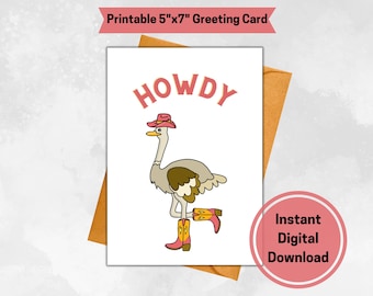 Printable Card, Any Occasion, Digital Card, Howdy Card, General Greeting Card, Download, Fun Greeting Card, Funny Digital Card, Ostrich Card