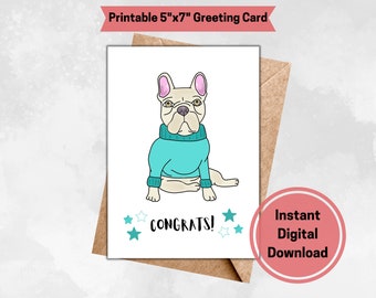 Tarjeta de felicitación, Tarjeta digital, Tarjeta de felicitación imprimible, Frenchie, Tarjeta de felicitación para perros, Imprimible, Felicidades para él, Felicidades para ella