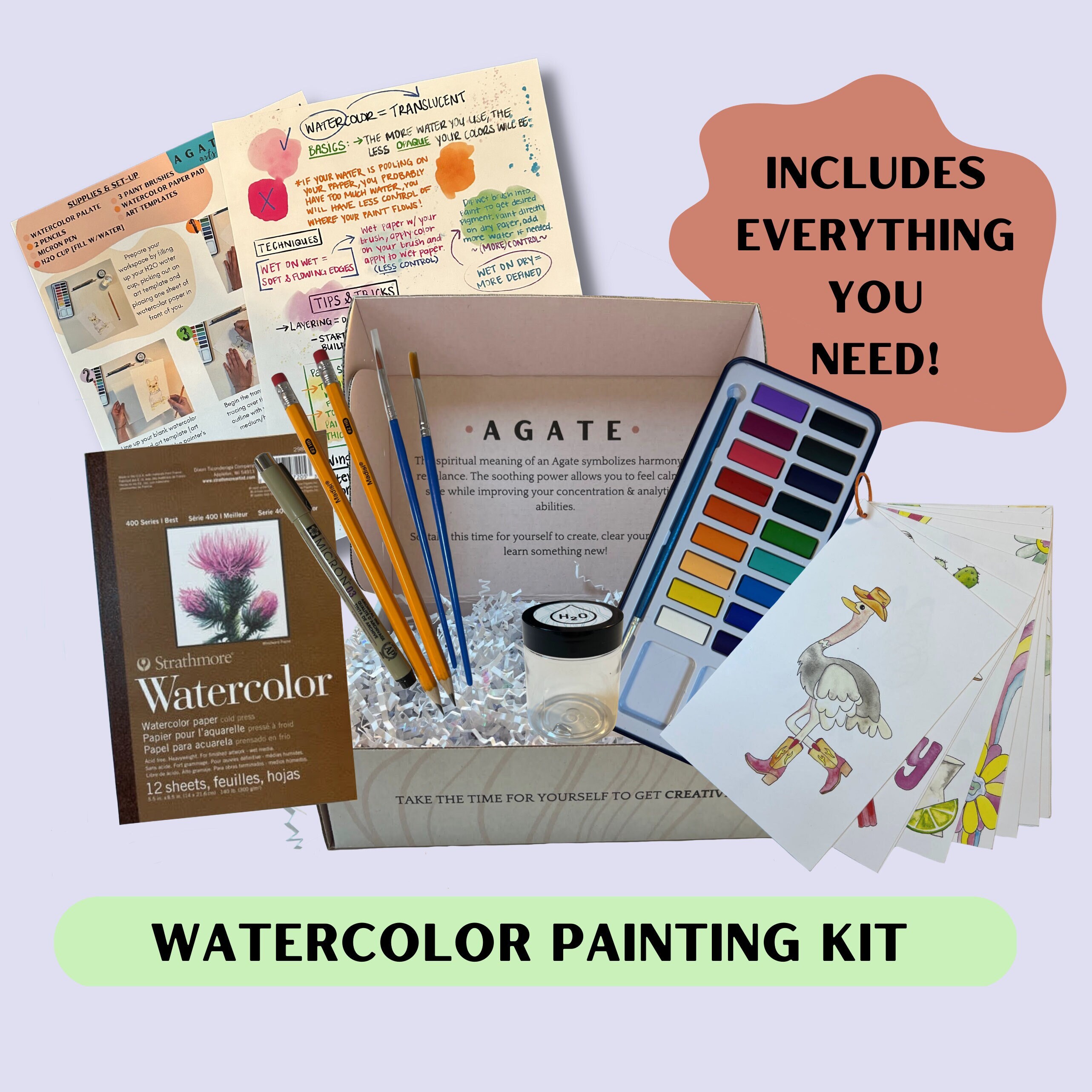 Watercolor Painting Kit, 3 Designs Included, Pollinator Theme, Bees, Birds,  for Adults, for Kids, Indoor Activity, Beginner Watercolor 