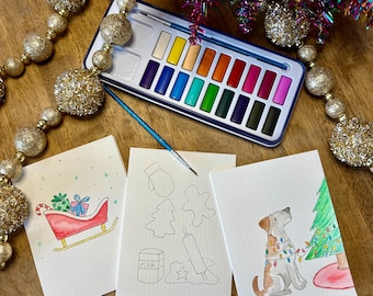Paint your own Holiday Cards, Paintable Watercolor Christmas Cards, Christmas Card pack, holiday activity, Christmas craft