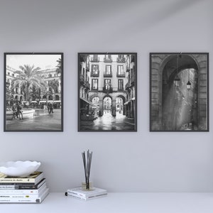 Conjunto de 3 impresiones en blanco y negro Póster de viaje de Barcelona Conjunto de arte de pared imprimible Barrio Gótico Barcelona Foto España Póster Plaza Real
