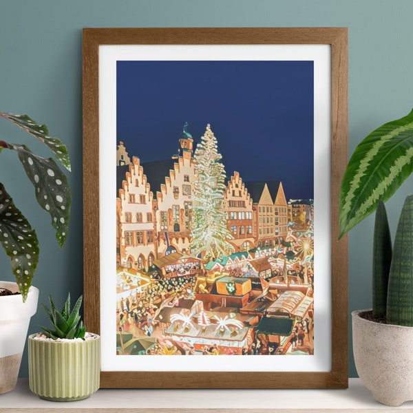 Deutscher Weihnachtsmarkt Gemälde, Deutschland Weihnachten Poster, Weihnachts Galerie Wand, Feiertags Dekor, Frankfurt Gemälde, Altstadt Poster