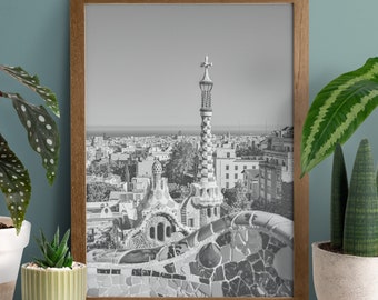 Barcelona Black & White Photo, Printable Wall Art, Park Guell Print, Spain Travel Poster, Barcelona Skyline, Urban Style Home Décor