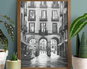 Barcelona zwart-wit poster afdrukbare muurkunst gotische wijk Barcelona zwart-wit foto poster Spanje Plaza Real