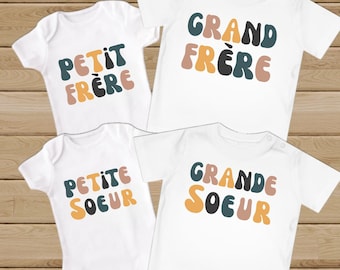 T-shirts Frère Soeur Personnalisés. Ensemble Petite Soeur Petit Frère. Cadeau Naissance Personnalisé. Body et Tee-shirt Famille Assorti.