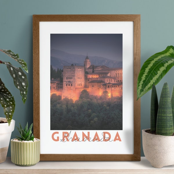 Alhambra by Night Poster | Printable Wall Art, Artful Spain Travel Poster, Alhambra Illuminated Print, Moorish Architecture, Nasrid Palaces