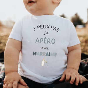 Baby Funny Tshirt in French. Baby Gift. French Godmother Gift. Gift for French Godchildren. J&#39; Peux Pas J&#39;ai Apéro avec Marraine.