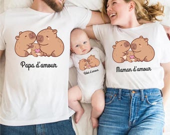 Bijpassend familie-T-shirt. Franse familieset. Familiecadeau capibara-t-shirts. Gepersonaliseerde vader / Gepersonaliseerde moeder T-shirt. Papa, mama en Bébé.