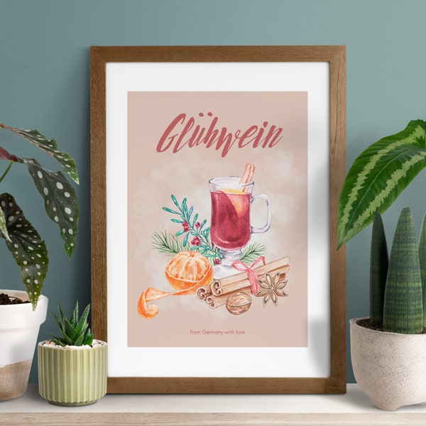 Marché de Noël allemand | Glühwein, impression de vin chaud | Décoration de maison imprimable de Noël | Art mural de Noël | Affiche cocktail de vacances d'hiver