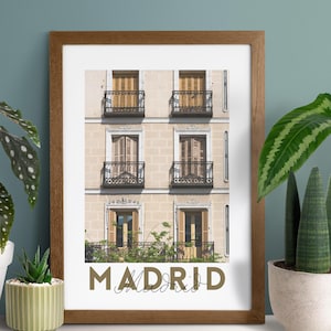 Cartel de Madrid / Arte de pared imprimible, Arte de pared artístico digital, Impresión de ventanas de Madrid vintage, Cartel de viaje de España, Balcones de Madrid