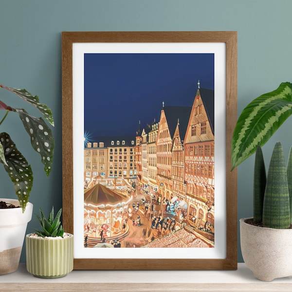 German Christmas Market Painting, Germany Christmas Print, Christmas Gallery Wall, Holiday Decor, Frankfurt Xmas Painting, Old Town Poster