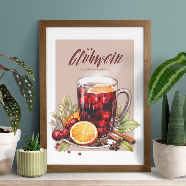 Marché de Noël allemand | Glühwein, vin chaud imprimé | Décoration intérieure imprimable de Noël | Art mural de Noël | Affiche de cocktail de vacances d'hiver