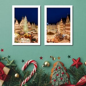 German Christmas Market Painting Set of 2, Germany Christmas Print, Christmas Gallery Wall, Holiday Decor, Old Town Frankfurt Painting
