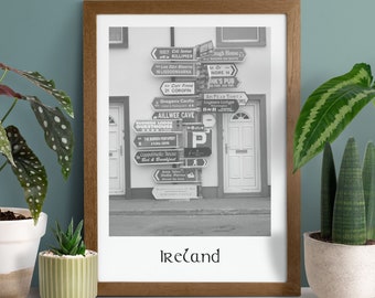 Ireland Black and White Print, printable wall art | Ireland Print BW | Irish Village | Ireland Road Signs | St Patrick's Gift