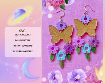 May include: Gold butterfly earrings with floral embellishments in shades of purple, blue, and green. The earrings hang from gold hooks. The image also includes text that says "SVG Digital File Only, Earring Cut File, Instant Download, Laser Ready Cut File."