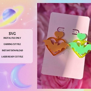 Kawaii Bat Heart Earring SVG Cut File | Laser Ready | Glowforge Ready | Kolczyk Cut File | Pobieranie cyfrowe | Halloween SVG Files