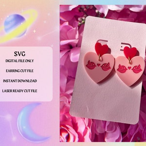 Arquivo de corte SVG de brinco de coração de pássaros de amor | Pronto para Laser | Pronto para Glowforge | Arquivo de corte de brinco | Download digital | Arquivos SVG do Dia dos Namorados