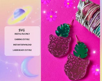 Leopard Monstera Ohrring SVG Schnittdatei | Laserbereit | Glowforge Bereit | Ohrring Cut File | Digitaler Download Sommer SVG-Dateien