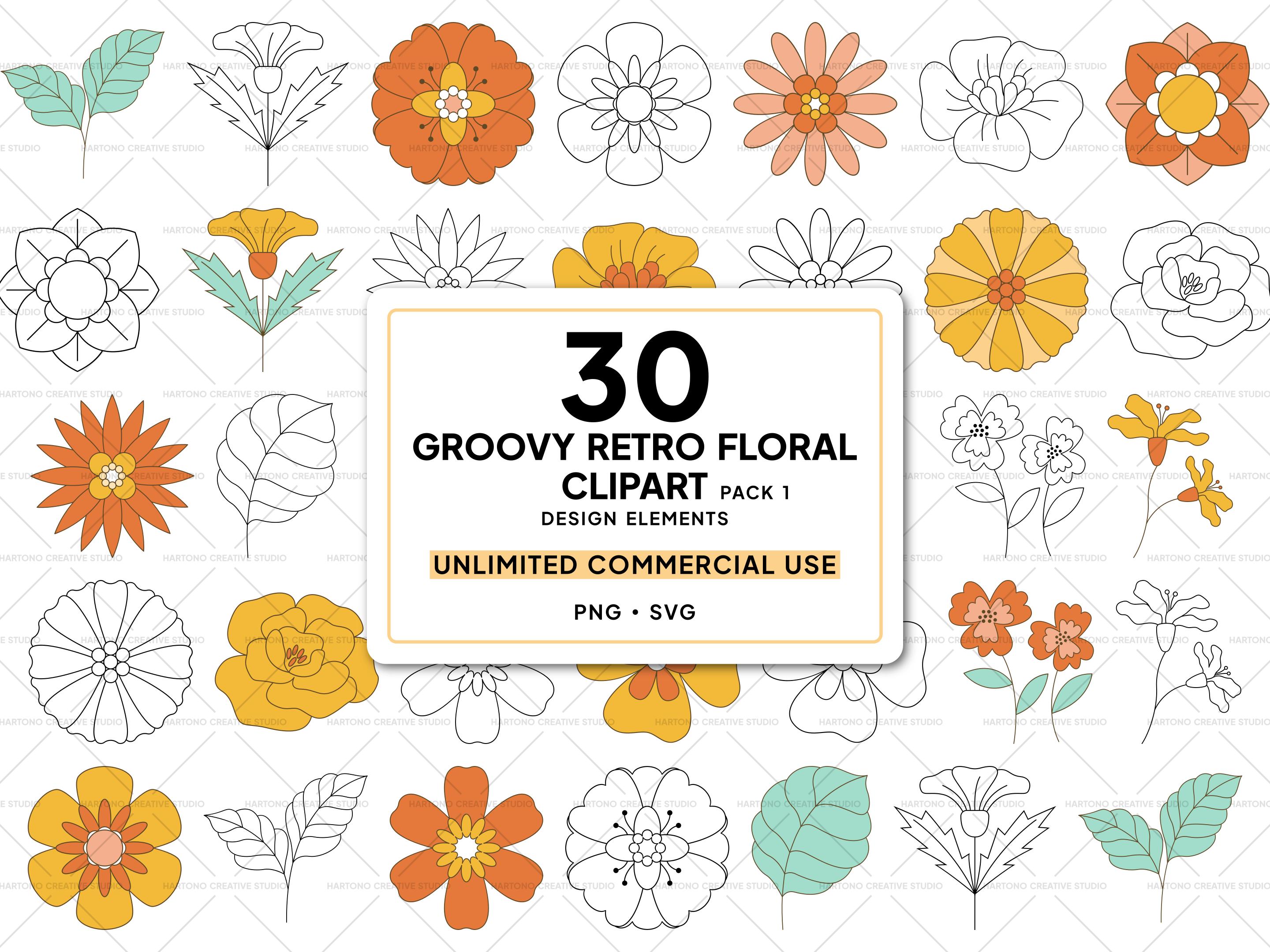 30 Groovy Retro Floral Clipart Bundle, 70s Boho Flower Power SVG ...