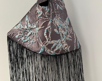 Black Turquoise Floral Brocade Loop Bag – Handmade Fringe Wristlet Clutch