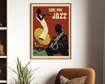 Affiche de saxophone jazz des années 70, affiche d'art mural, musique rétro, art mural, déco maison, cadeau pour lui, impressions d'art numérique à la demande, art de la bossa nova