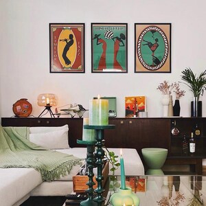 Conjunto de 3 pósteres de jazz retro de los años 70, arte de pared, póster vintage, música disco, piano, impresión art déco digital, decoración del hogar, regalo para ella, póster mural