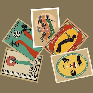 lot de 5 cartes postales d'art mural musique rétro/affiche jazz/impression d'art piano vintage Cadeau pour elle/disque vinyle/impression d'art numérique à la demande