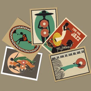 Ensemble de collage mural de 5 cartes postales d'art mural musique rétro/affiche de jazz/art de piano vintage cadeau de décoration d'intérieur pour elle/vinyle/impression numérique à la demande