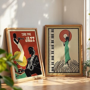 Conjunto de 2 pósteres de jazz, arte de pared retro, póster vintage, música de los años 70, arte de pared de piano, impresión art déco digital bajo demanda, decoración del hogar, regalo, póster mural