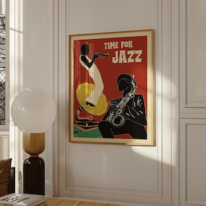 Póster de jazz, arte de pared retro, póster vintage, música de los años 70, arte de pared, saxofón, art déco digital, regalo para papá, decoración del hogar, regalo, trompeta, póster mural