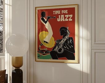 Jazz poster retro wall art vintage poster music 70s Wall art saxophone digital art deco gift for dad Home decor gift trumpet affiche murale