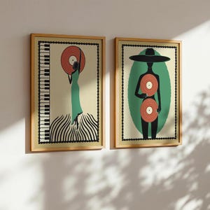 Póster de jazz, arte de pared retro, conjunto de 2, póster vintage de música de los años 70, arte de pared de piano, impresión art déco digital a pedido, decoración del hogar, regalo, póster mural