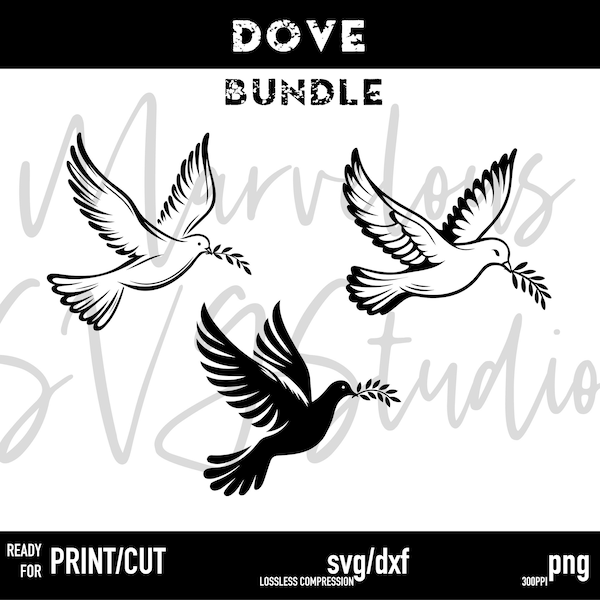 3 Flying DOVES with OLIVE BRANCH | Peace | Love | Freedom | Bird | Marriage | Pack | Bundle | Png | Svg, Dxf - Cricut, Silhouette | Download