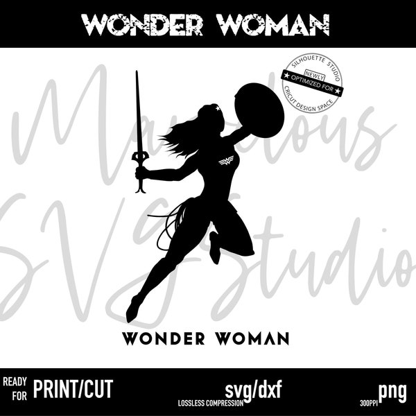 WONDER WOMAN Silhouette | Sword | Shield | Superheroine | Quality | Print | png | Cut | svg, dxf - Cricut, Silhouette | Digital Download