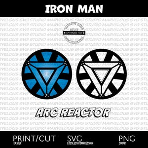 May include: Two black and white circular designs with a blue and white design in the center. The designs are the Iron Man Arc Reactor. The text "ARC REACTOR" is in a comic book style font.