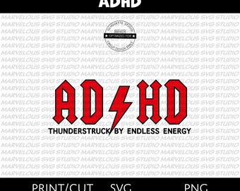 Pode incluir: Design gráfico vermelho e branco com o texto "ADHD" em uma fonte em negrito de estilo rock and roll. O gráfico inclui um raio e o texto "Thunderstruck by Endless Energy".