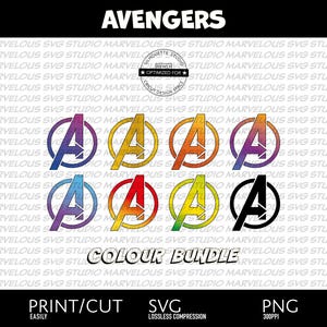 Peut inclure: Un ensemble de huit fichiers de découpe numérique représentant le logo des Avengers dans différentes couleurs. Les logos sont dans un cercle sur un fond blanc. Le texte "COLOUR BUNDLE" est sous les logos. Le texte "PRINT/CUT SVG PNG" est en bas de l'image.