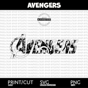 May include: Black and white digital illustration of the Avengers logo. The logo is made up of images of the Avengers characters, including Captain America, Iron Man, Thor, Hulk, Black Widow, and Hawkeye.