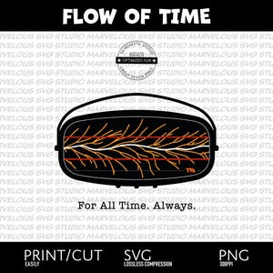 May include: Black and white silhouette of a vintage television with a screen filled with orange and white lines. The text "Flow of Time" is at the top of the image. The text "For All Time. Always." is below the television.