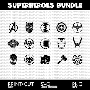 Peut inclure: Illustrations vectorielles en noir et blanc de divers super-héros Marvel, notamment Captain America, Iron Man, Thor, Black Widow, Spider-Man, et plus encore. Les images sont en forme de cercle avec le nom du personnage sous chaque image. Le texte "SUPERHEROES BUNDLE" est en haut de l'image. Le texte "PRINT/CUT SVG PNG" est en bas de l'image.