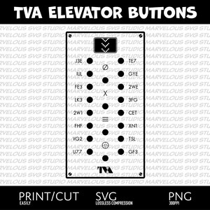 May include: Black and white illustration of a TVA elevator button panel with a variety of buttons labelled with letters and numbers. The panel is surrounded by a black border and the text "TVA Elevator Buttons" is at the top.