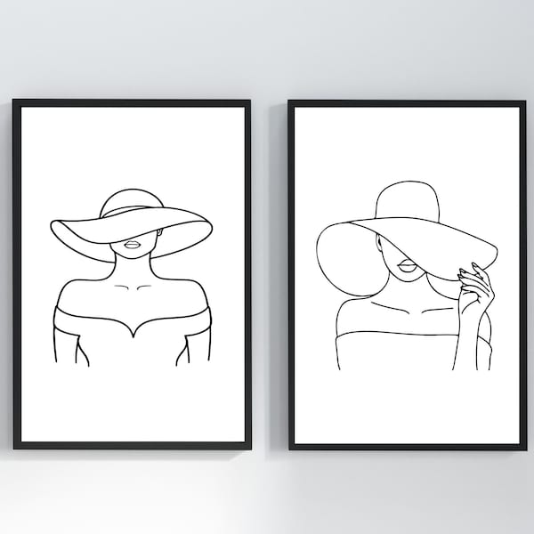 Woman In Hat One Line Art, Boho Woman Poster, Continuous Line Art, Wide Brim Hat Art Print, Female Face Drawing, Bohemian Minimalist Print