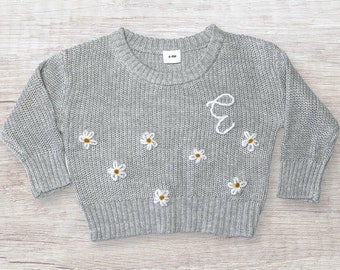 Embroidered Flower Initial Sweater, Daisy Sweater, Custom Floral Sweater, Name Sweater, Monogrammed Flower Sweater, Boho Baby Sweater