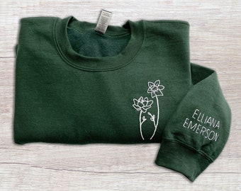 Custom Birth Month Flower Sweatshirt - Hand Embroidered Gift for Mom, Grandma, Wife - Mother's Day Present - Personalized Keepsake