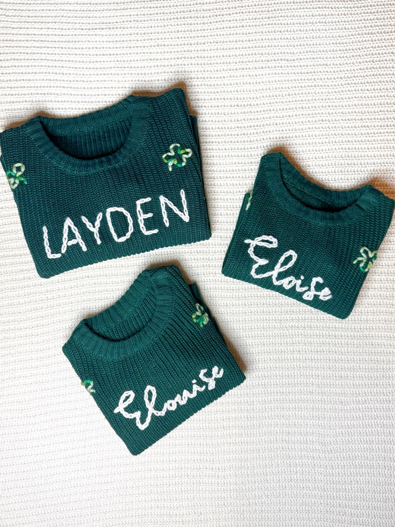 Hand Embroidered St. Patrick's Day Sweater, Irish Clover Outfit, Custom Baby Clothing, Personalized Name Gift, Shamrock Newborn Present image 4