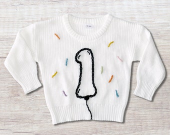 Suéter de cumpleaños bordado personalizado, recuerdo de hito cosido a mano, primer cumpleaños, traje de cake smash, ropa de bebé personalizada