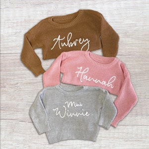 Hand Embroidered Custom Name Sweater, Personalized Keepsake, New Baby Announcement, Thoughtful Shower Gift, Cherished First Time Mom Present image 1