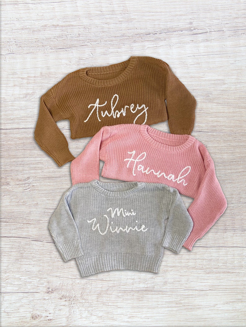 Hand Embroidered Custom Name Sweater, Personalized Keepsake, New Baby Announcement, Thoughtful Shower Gift, Cherished First Time Mom Present image 1