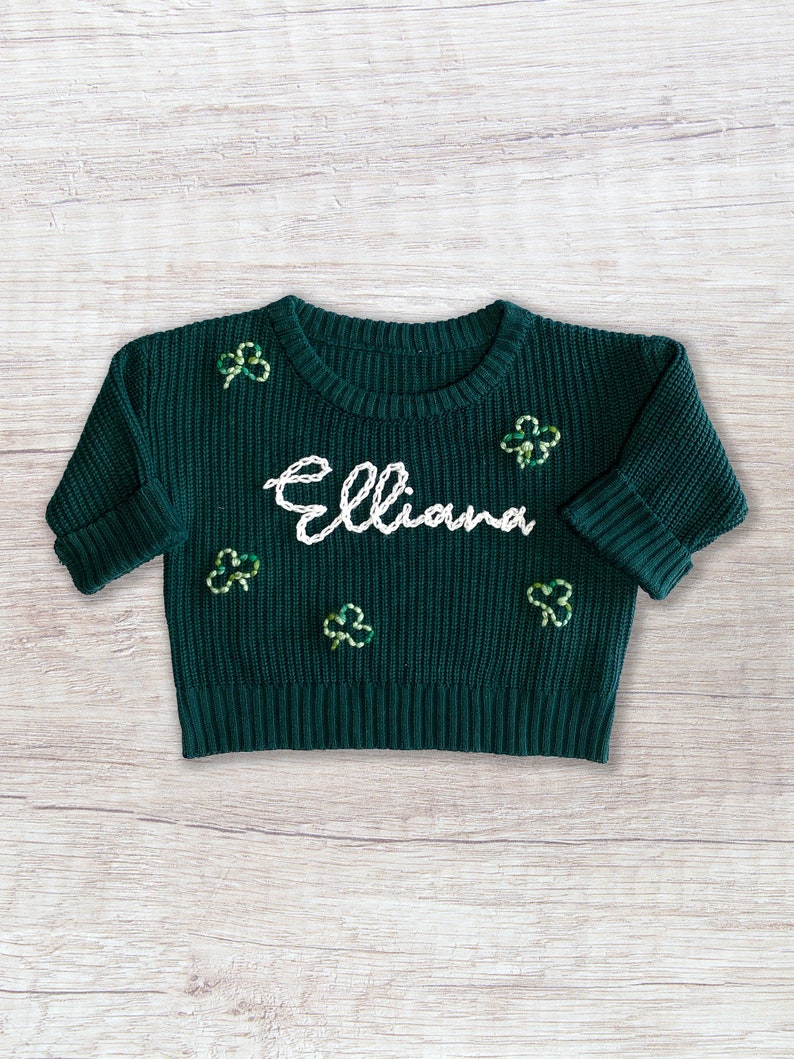 Hand Embroidered St. Patrick's Day Sweater, Irish Clover Outfit, Custom Baby Clothing, Personalized Name Gift, Shamrock Newborn Present image 1