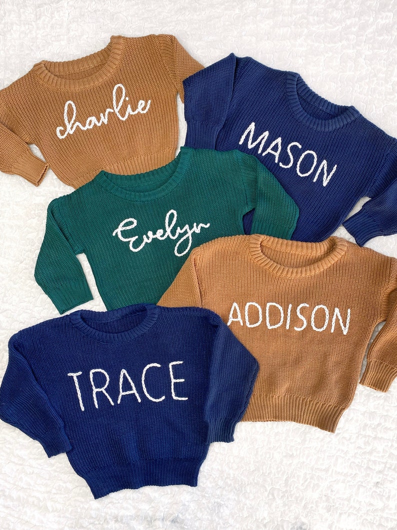 Hand Embroidered Custom Name Sweater, Personalized Keepsake, New Baby Announcement, Thoughtful Shower Gift, Cherished First Time Mom Present image 3